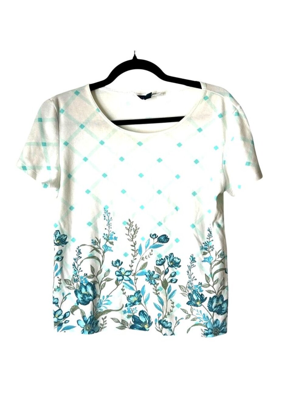 Karen Scott Womens Floral & Argyle Print Short Sleeve Top PM